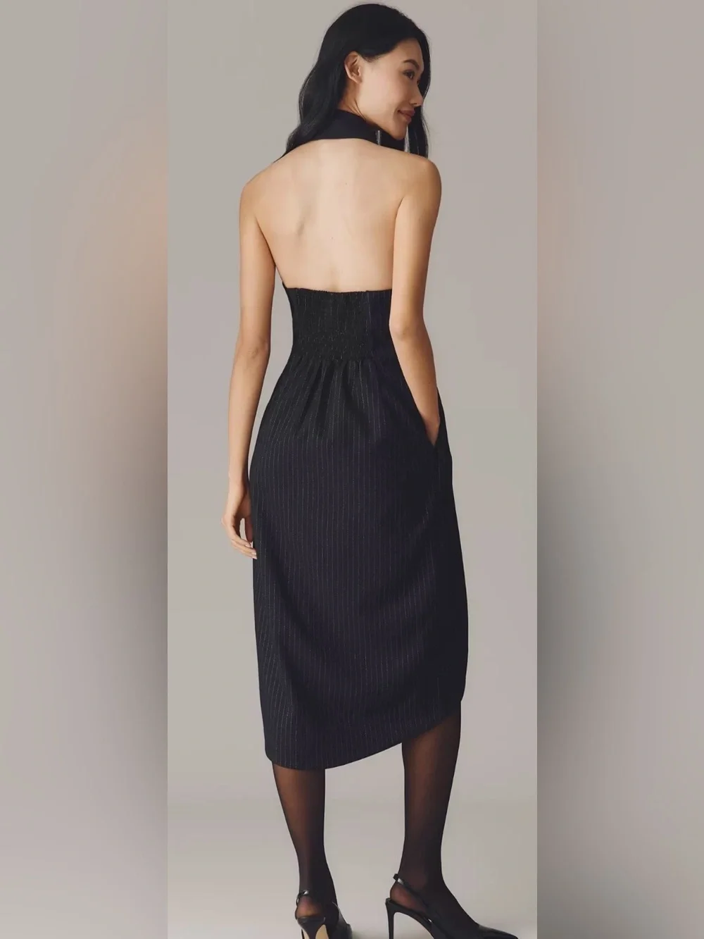 Anthropologie halter tuxedo strip midi wrap backless dress medium nwt